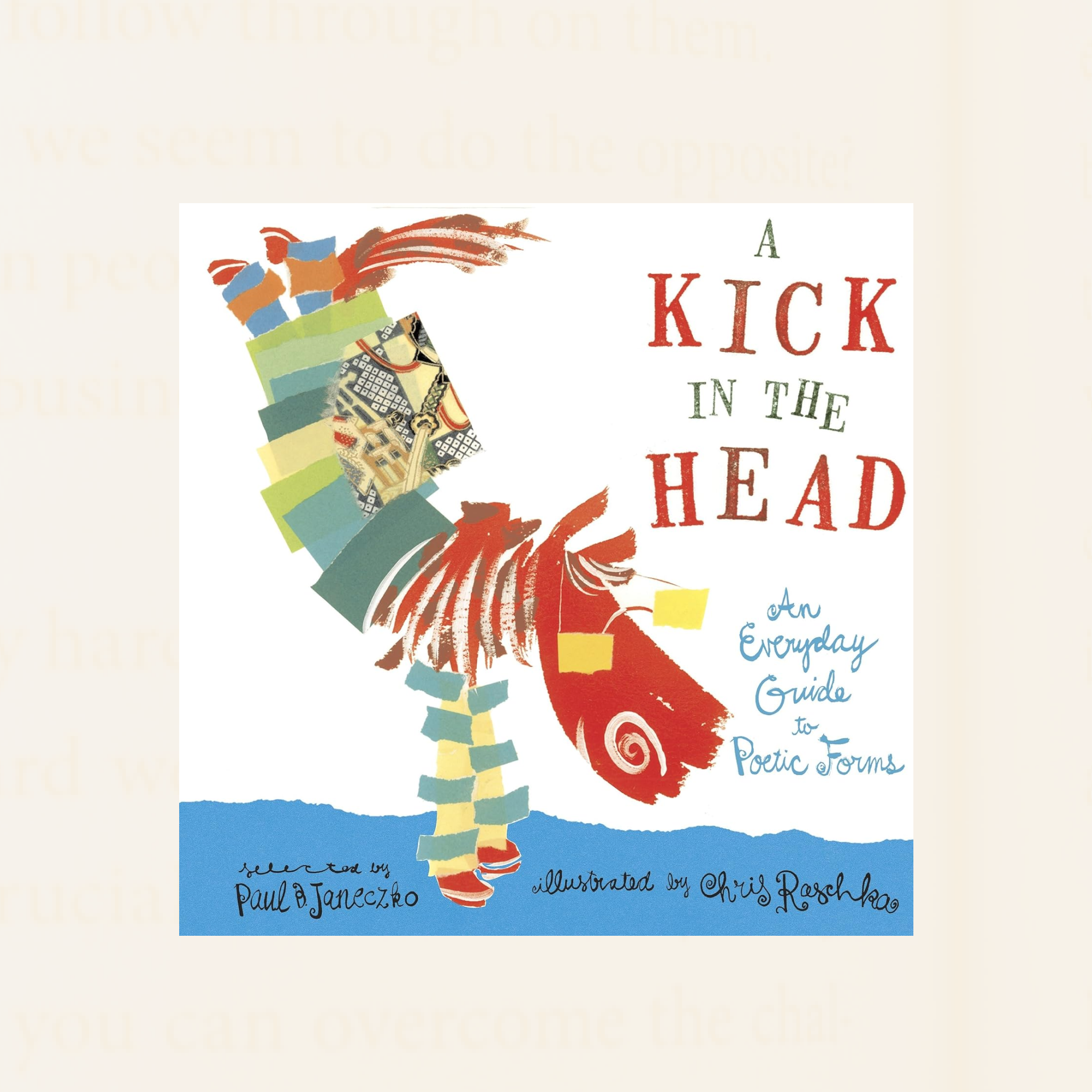 book cover with red text A Kick in The Head beside red, green and yellow collaged donkey kicking rear legs