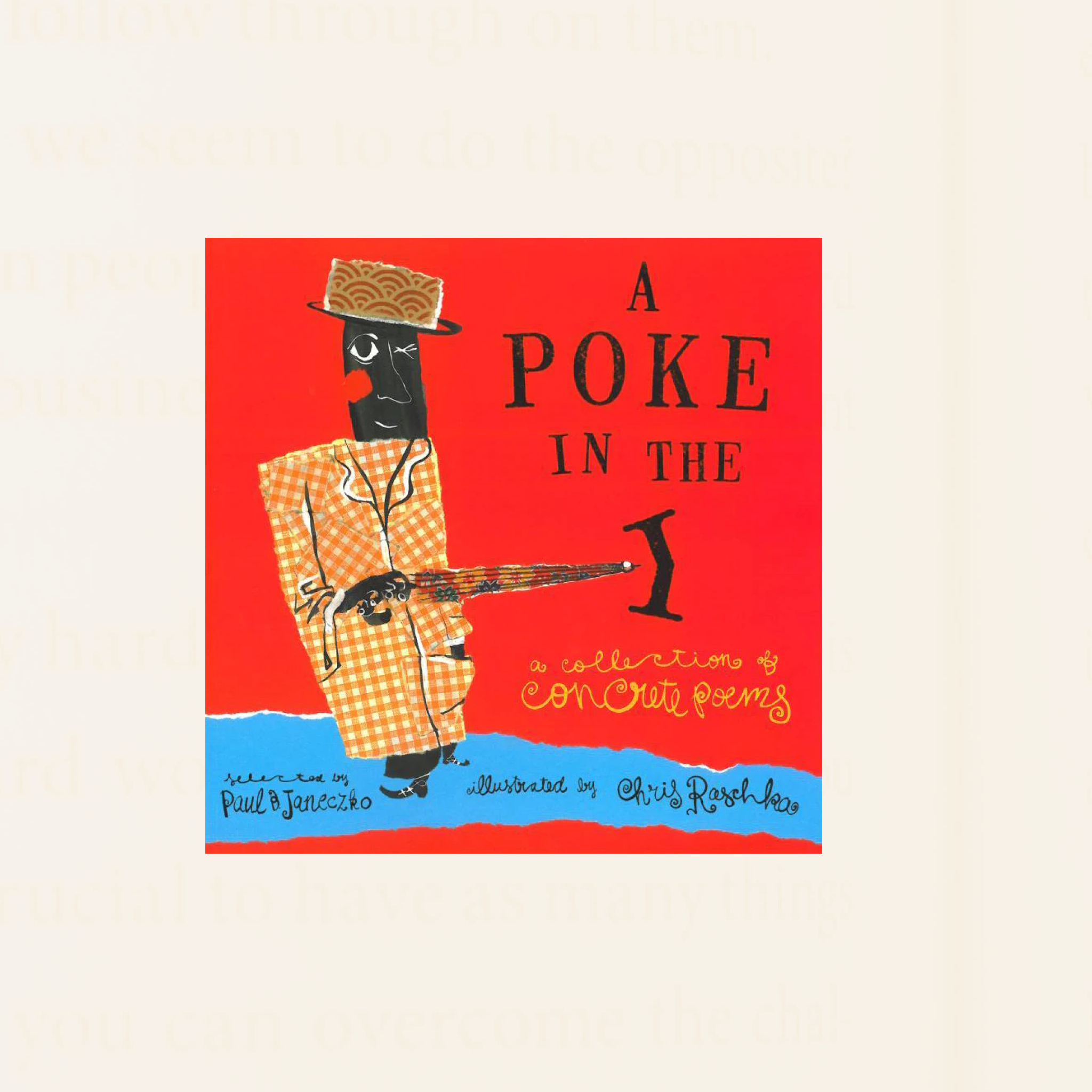 Bright red book cover with title A Poke in the Eyein black text beside a abstract image of a man poking the "I" of the title with an umbrella