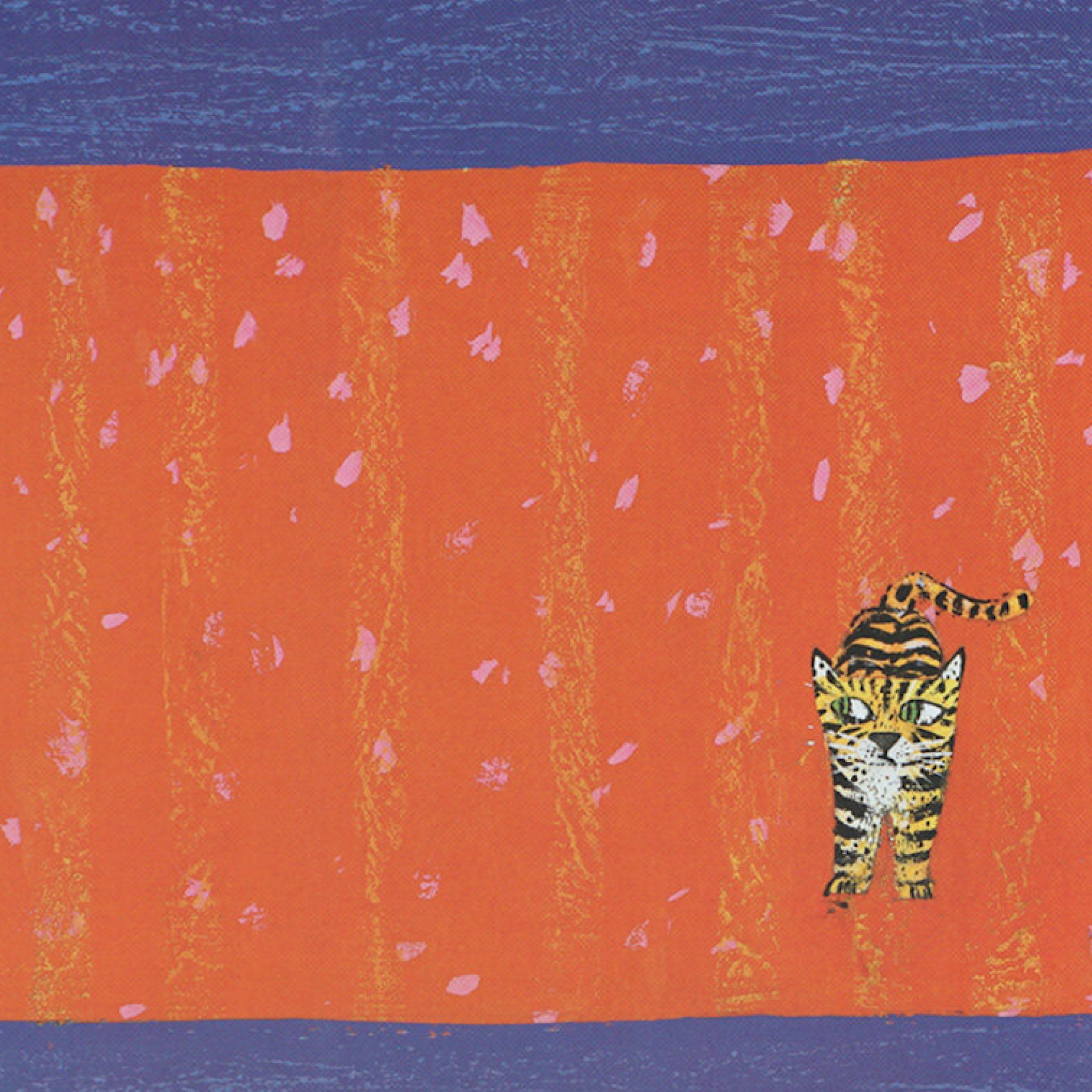 purple band of colour at top and bottom of the image either side of a red and pink square. Upon the square in the left hand corner is a small yellow and black striped cat. The cat stands eyes facing to the left and tail on end.