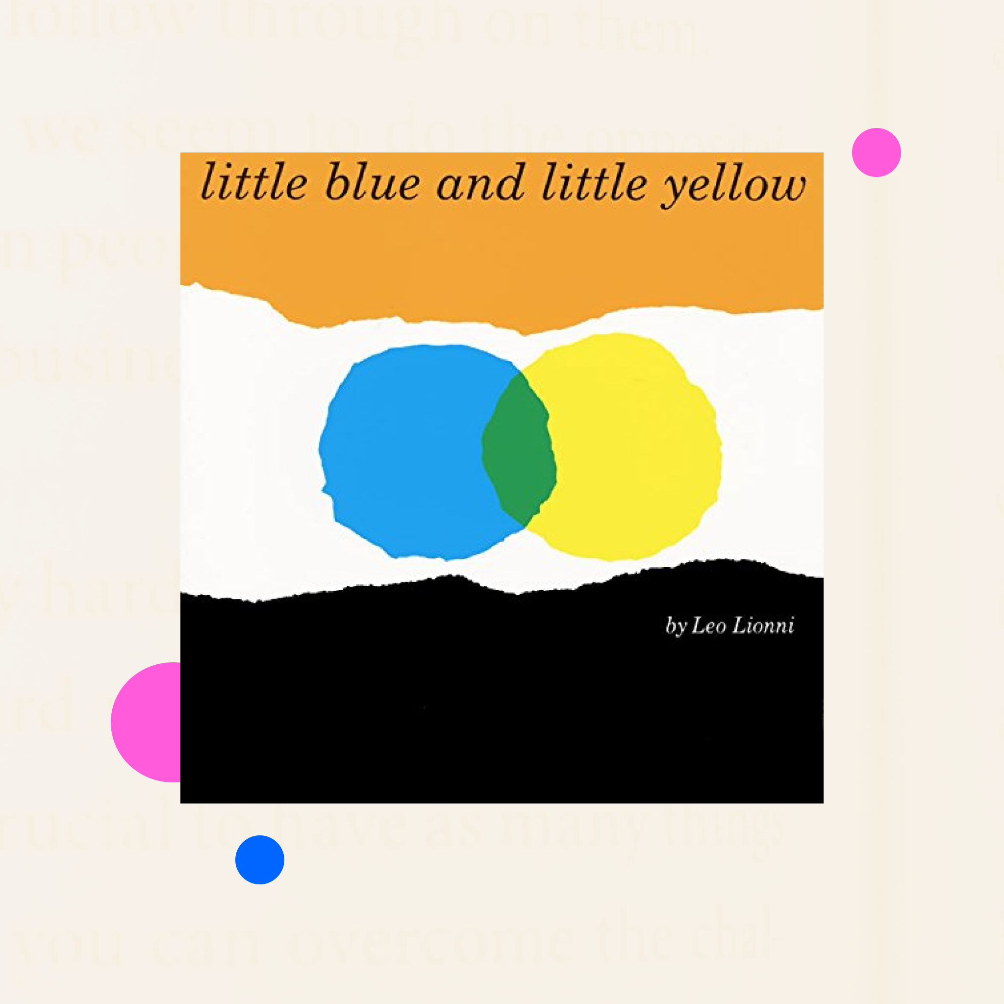 cover of book against pale background with two pink dots and one small blue dot in background. Book cover has three bands of colour, brown, white and black. The title text is in black against the brown band. Against the white band two circles one yellow and one blue cross over each other slightly. Where they cross is coloured green. Below the circles is a band of black with the authors name in small white text. 